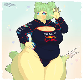 5_fingers abstract_background anthro belly big_breasts big_tail blue_claws blue_eyes breasts claws cleavage_cutout clothing curvy_figure cutout double_bun eyelashes eyeshadow female finger_claws fingers gesture glistening glistening_body glistening_breasts glistening_legs glistening_scales glistening_thighs green_hair hair hair_bun hand_on_hip hand_on_own_hip huge_breasts huge_hips huge_thighs jumpsuit leotard long_tail looking_at_viewer makeup medium_hair overweight overweight_anthro overweight_female purple_eyeshadow racing_suit scales smile snout solo spiked_tail spikes spikes_(anatomy) tail text thick_thighs voluptuous voluptuous_anthro voluptuous_female waving waving_at_viewer wide_hipped_anthro wide_hipped_female wide_hips yellow_body yellow_scales garavakarian castore_(company) goodbye_volcano_high ko_op_(game_developer) mobil_(brand) oracle_corporation red_bull tag_heuer stella_(gvh) dinosaur ornithischian prehistoric_species reptile scalie stegosaurian stegosaurus thyreophoran 2026 absurd_res artist_name digital_drawing_(artwork) digital_media_(artwork) hi_res watermark