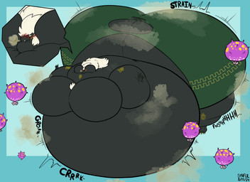 big_butt black_body blush blush_lines bottomwear butt clothing creaking groaning_belly hair huge_butt hyper hyper_butt inflation male onomatopoeia puffed_cheeks red_blush sound_effects spores text torn_bottomwear torn_clothing white_hair synful daxl_(evillinegrimsclaw) zonai 11:8 2024 artist_name dated hi_res