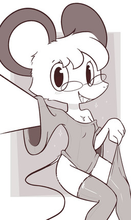 anthro blush bottomless clothed clothing eyewear female flat_chested glasses legwear oversized_clothing seductive solo stretched_clothing sweater thigh_highs topwear theartmanor molte mammal murid murine rodent hi_res monochrome
