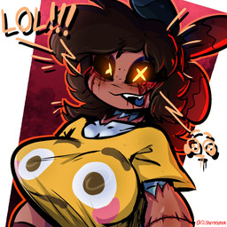 :3 arm_tattoo big_breasts black_hair black_sclera blood blood_from_eye blood_from_mouth blood_in_mouth blood_on_face blue_eyeshadow blue_tongue blush blush_lines bodily_fluids bow_ribbon breasts brown_body brown_hair brown_skin clothing corpse disguise emoji exclamation_point eyeshadow fangs female freckled_face freckles glowing glowing_eyes gore grey_body hair huge_breasts humor machine makeup metallic_body nightmare_fuel open_mouth open_smile red_text screen screen_face seam_(sewing) segmented_body sharp_teeth shirt simple_background skinsuit smile solo stitch_(sewing) surgical_suture tattoo teeth text tight_clothing tongue topwear white_body x_eyes yellow_clothing yellow_eyes yellow_shirt yellow_text yellow_topwear diddlydooter1 bulging_smiley_shirt_meme glitch_productions meme_clothing murder_drones cyn_(murder_drones) tessa_(murder_drones) eldritch_abomination human humanoid mammal patchwork_creature robot robot_humanoid undead worker_drone zombie 1:1 artist_name digital_drawing_(artwork) digital_media_(artwork) hi_res meme signature