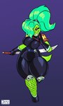 anthro belt big_breasts breasts clothed clothing eyebrows eyelashes female glistening gloves green_body green_hair grin hair handwear looking_at_viewer melee_weapon ponytail reverse_grip smile solo sword thick_thighs weapon yellow_eyes jamoart crocodile crocodilian reptile scalie 2024 absurd_res hi_res