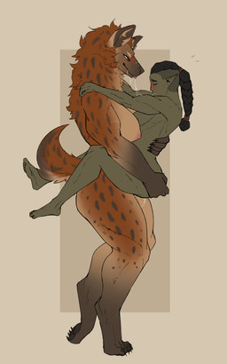 after_kiss anthro black_hair blep blush bodily_fluids braided_hair breasts brown_body brown_fur carrying_another carrying_partner digitigrade duo female female/female fur genital_fluids green_body green_skin hair hand_on_back hand_on_butt hands_on_shoulders holding_partner humanoid_on_anthro larger_anthro larger_female muscular muscular_anthro muscular_female muscular_humanoid neck_tuft nipples pawpads paws saliva saliva_string scar simple_background size_difference smaller_female smaller_humanoid tongue tongue_out tuft vaginal_fluid_string vaginal_fluids securipun vem_(thermorium) zahraa_(schroedingers_dead_friend) gnoll humanoid hyena mammal orc 2021 5:8 absurd_res hi_res