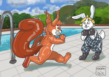 anthro buckteeth detailed_background duo inflatable male male/male pool_toy poolside running seam_(sewing) smile teeth anders-glyc animate_inanimate lagomorph leporid living_inflatable mammal rabbit rodent sciurid tree_squirrel absurd_res hi_res