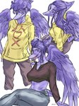 alternate_hairstyle alternate_species anthro bone_frill bottomwear breasts clothing crop_top denim denim_bottomwear denim_clothing feathered_wings feathers female frill_(anatomy) hair hair_bun head_crest head_frill hoodie jeans long_hair open_mouth pants pockets purple_body purple_eyes purple_feathers purple_scales scales shirt short_tail simple_background sitting smile smiling_at_viewer snout solo tail tongue topwear wings dark_rya cavemanon_studios goodbye_volcano_high groundbreaking snoot_game trish_(gvh) prehistoric_species pterodactylus pterosaur reptile scalie 3:4 colored hi_res