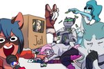 anthro biped clothed clothing electronics eyebrows eyes_closed female fingers fur group hair male microphone open_mouth open_smile smile tail renka2802 brand_new_animal draw_the_squad studio_trigger marie_itami michiru_kagemori nazuna_hiwatashi nina_flip shirou_ogami canid canine canis fox human mammal raccoon_dog tanuki wolf 2020 low_res meme