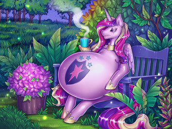 anthro belly bench beverage big_belly blonde_hair chair collar container cup cutie_mark female fur furniture gold_(metal) gold_jewelry hair horn jewelry mug multicolored_hair on_chair outside paternity_mark pink_hair pregnant pregnant_anthro pregnant_female purple_body purple_eyes purple_fur purple_hair sitting sitting_on_chair solo steam tea wings matokiro friendship_is_magic hasbro my_little_pony mythology princess_cadance_(mlp) equid equine mammal mythological_creature mythological_equine winged_unicorn 2021 4:3 digital_drawing_(artwork) digital_media_(artwork)
