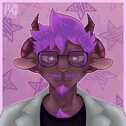 4_horns anthro black_clothing black_shirt black_t-shirt black_topwear body_hair border bovid_horn brown_body brown_fur caprine_horn chest_hair clothing coat eyebrows eyewear facial_hair fluffy fluffy_chest fluffy_ears front_view fur glasses goat_horn goatee grey_raincoat head_on_shoulder horizontal_pupils horn male multi_horn mustache neck_tuft pattern_background peaceful_expression pink_border pupils purple_eyes raincoat ram_horn sheep_ears shirt simple_background solo star-shaped_background star_polygon star_pupils t-shirt topwear tuft brunisdraws brunis_(brunisdraws) bovid caprine hybrid mammal sheep-goat 1:1 2026 colored_line_art hi_res icon portrait signature