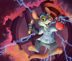 anthro bottomless clothed clothing coat electricity eyewear fangs front_view fur goggles green_eyes grey_body grey_fur holding_test_tube lab_coat laboratory_equipment laboratory_glassware lightning logo looking_at_viewer male open_mouth open_smile pink_tongue scientific_instrument smile solo teeth test_tube tongue topwear wearing_goggles white_body white_clothing white_coat white_fur white_topwear young young_anthro young_male pandapaco american_opossum mammal marsupial artist_logo signature