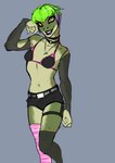 anthro biped breasts clothed clothed_anthro clothed_female clothing female female_anthro green_hair hair looking_at_viewer midriff navel non-mammal_breasts pose simple_background smile solo standing three-quarter_view yellow_eyes ldr amphibian frog 2022 digital_drawing_(artwork) digital_media_(artwork) hi_res portrait three-quarter_portrait