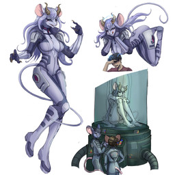 anthro barefoot blue_hair claws clothing eye_markings eyewear feet female floating glasses hair horn jumpsuit laboratory_equipment male markings scientific_instrument tail toe_claws murchie drone_commander brian_(drone_commander) daria_(drone_commander) mammal mouse murid murine rodent vionite 1:1 absurd_res hi_res