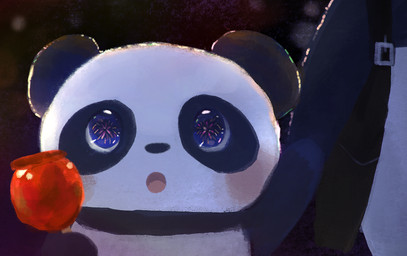 ambiguous_gender anthro biped black_body black_fur black_nose blush chibi duo fireworks food fur night outside solo_focus white_body white_fur araru bear giant_panda mammal 2020 hi_res