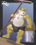 anthro balls_outline belly black_nose bulge clothing detailed_bulge genital_outline grinning_at_viewer humanoid_hands male nipples overweight overweight_anthro overweight_male solo underwear reclamon lifewonders live_a_hero procy canid canine canis domestic_dog mammal 2020 4:5 hi_res