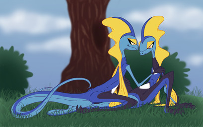 anthro bedroom_eyes blue_body duo flirting_look forest forest_background lying male male/male narrowed_eyes nature nature_background on_back on_top plant seductive slim spread_legs spreading tail tree nal_wt nintendo pokemon cayde_the_inteleon generation_8_pokemon inteleon lizard pokemon_(species) reptile scalie absurd_res colored digital_media_(artwork) flat_colors hi_res