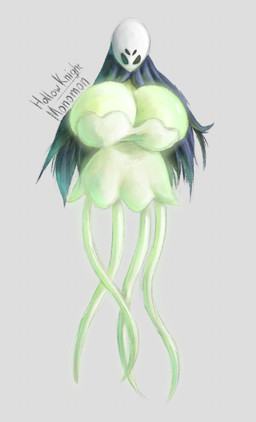 anthro big_breasts black_text breasts female grey_background hood huge_breasts mask simple_background solo text yourstrulygarbage hollow_knight_(franchise) team_cherry monomon_the_teacher_(hollow_knight) aquatic cnidarian jellyfish medusozoan 2026 absurd_res english_text hi_res