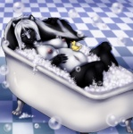 anthro bath bath_toy bathing bathroom bathtub belly bent_legs big_belly big_breasts biped black_body black_fur blue_eyes breasts bubble bubble_bath claw_foot_bathtub female fully_submerged_arms fur hair hand_on_belly hands_out_of_water head_on_tail inside knees_out_of_water legs_out_of_water looking_at_viewer lying navel nipples nude partially_submerged pink_nipples pregnant pregnant_anthro pregnant_female rubber_duck simple_background solo submerged_arms submerged_legs submerged_tail tail tail_out_of_water water wet white_body white_fur white_hair spookable inanimate_object mammal mephitid skunk 2010