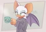 5_fingers anthro bathrobe breasts clothing container cup eyeshadow female fingers fur green_eyes makeup membrane_(anatomy) membranous_wings robe solo wings quark19601 sega sonic_the_hedgehog_(series) rouge_the_bat bat mammal 2019 signature