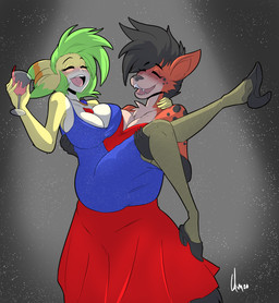 alcohol anthro armwear beverage big_breasts black_hair blue_clothing blue_dress blush breasts bridal_carry carrying_another chest_tuft cleavage clothed clothing container cup dress drinking_glass drunk duo elbow_gloves eyes_closed fangs female female/female footwear fur glass glass_container glass_cup gloves green_hair hair handwear high_heels holding_glass holding_object jewelry legwear loose_footwear necklace open_mouth open_smile pantyhose red_body red_clothing red_dress red_fur shoe_dangle shoes simple_background smile spots substance_intoxication teeth tuft wine wine_glass yellow_body yellow_fur amhidden hyena mammal species_request hi_res