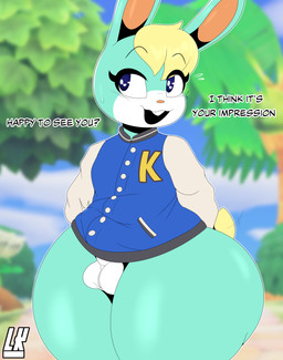 anthro balls big_butt blonde_hair blue_eyes bodily_fluids bottomless butt clothed clothing curvy_figure erection femboy fur genitals green_body hair jacket letterman_jacket male penis solo text thick_thighs topwear wide_hips lobokosmico animal_crossing nintendo sasha_(animal_crossing) lagomorph leporid mammal rabbit 2022 absurd_res digital_drawing_(artwork) digital_media_(artwork) hi_res
