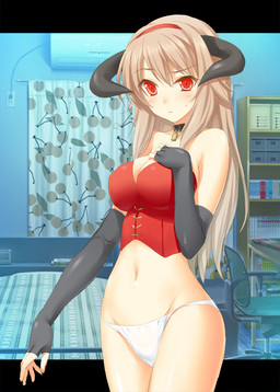 armwear bed book chair choker clothed clothing corset curtains elbow_gloves female fingerless_gloves furniture gloves hair handwear horn jewelry lingerie lock long_hair looking_at_viewer navel necklace not_furry panties red_eyes skimpy solo standing topwear underwear 47agdragon demon hi_res