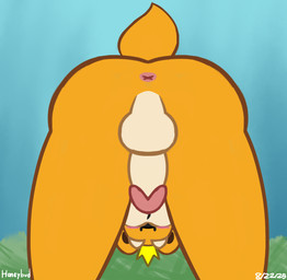 anthro anus backsack balls bent_over blush blush_lines butt butt_focus crown fur genitals headgear male penis presenting presenting_anus presenting_hindquarters solo surprised tail yellow_body yellow_fur honeybud twinkie_(honeybud) bear mammal hi_res