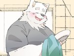 anthro black_nose blush clothing eyes_closed kemono male open_mouth overweight overweight_male shirt smile solo topwear inunoshippo canid canine canis domestic_dog mammal 2024 4:3 hi_res