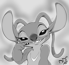 antennae_(anatomy) antennae_markings anthro big_ears big_nose chest_markings ear_markings eyelashes female fur grey_background grin lidded_eyes long_antennae looking_at_viewer markings sharp_teeth simple_background smile teeth text conditional_dnp digitaldomain123 disney lilo_and_stitch angel_(lilo_and_stitch) alien experiment_(lilo_and_stitch) 2026 absurd_res artist_name digital_drawing_(artwork) digital_media_(artwork) greyscale hi_res monochrome signature
