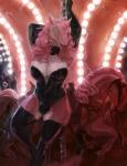 amusement_ride anthro breasts bridle bulge carousel clothing gynomorph hair intersex latex legwear lipstick looking_at_viewer makeup pink_hair saddle solo standing thigh_highs conditional_dnp oouna vpaws sergal hi_res