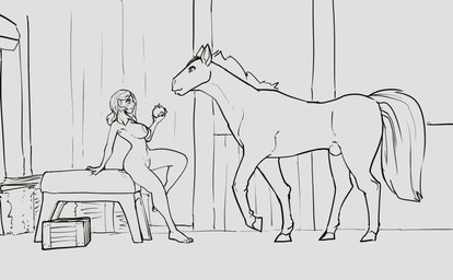 animal_genitalia apple barn bestiality big_breasts breasts crate duo female female_on_feral feral food freckles fruit genitals hay hay_bale human_on_feral interspecies male nipples nude plant sheath stable feretta tiddy_sprinkles equid equine horse human mammal digital_media_(artwork) hi_res monochrome
