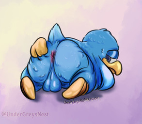 anthro anus balls balls_on_ground beak bedroom_eyes big_butt blue_body blue_feathers butt butt_focus clothing feathers footwear genitals gloves gradient_background half-closed_eyes handwear head_tuft inviting_to_sex looking_back lying male narrowed_eyes nude nude_anthro on_front overweight overweight_male presenting presenting_hindquarters raised_tail seductive shoes simple_background solo spread_butt spreading tail tail_tuft tuft yellow_beak yellow_clothing yellow_footwear yellow_gloves yellow_handwear yellow_shoes undergreysnest kirby_(series) nintendo king_dedede avian bird penguin colored shaded signature watermark