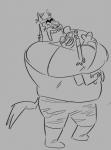 anthro bottomwear clothed clothing duo eyebrows facial_hair fingerless_gloves fully_clothed gloves grey_background handwear hug kerchief larger_male male mustache overweight overweight_male pants pompadour shirt simple_background size_difference smaller_male topwear unibrow polartoons buddy_thunderstruck_(series) artichoke_(buddy_thunderstruck) bear canid canine mammal 2019 full-length_portrait greyscale hi_res monochrome portrait