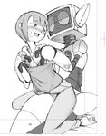 ambiguous_gender duo female female/ambiguous flat_chested human_on_humanoid interspecies machine narrowed_eyes nipple_fetish nipple_play nipples puffy_nipples screen screen_face 9999gpera human humanoid mammal robot robot_humanoid monochrome