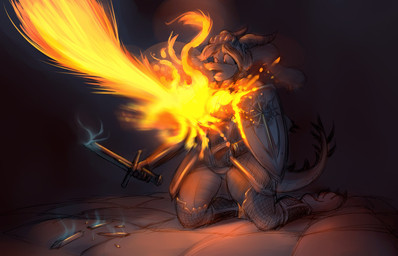 anthro armor claws female fire gender_transformation horn melee_weapon shield solo sword tail transformation weapon tgwonder mythology dragon mythological_creature mythological_scalie scalie
