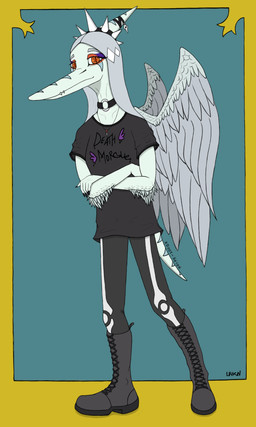 anthro black_boots black_bottomwear black_clothing black_footwear black_pants black_shirt black_topwear blue_body bone_frill boots border bottomwear choker claws clothed clothed_anthro clothed_female clothing crossed_arms elbow_feathers eyelashes feathered_wings feathers female female_anthro finger_claws fingers footwear frill_(anatomy) front_view green_background grey_body grey_feathers grey_hair hair humanoid_hands jewelry knee_boots knee_highs legwear long_eyelashes long_hair long_snout looking_at_viewer markings necklace o-ring orange_eyes pants shirt shoes short_tail simple_background snaggle_tooth snout solo standing striped_markings stripes tail text topwear wings yellow_border lorikani goodbye_volcano_high ko_op_(game_developer) fang_(gvh) prehistoric_species pterosaur reptile scalie 2025 3:5 artist_name colored digital_media_(artwork) full-length_portrait hi_res portrait shaded