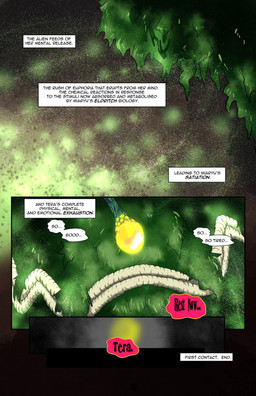 dialogue eyeless fur green_body green_fur lips male not_furry smile solo sparkles speech_bubble text dr_artist miaryu_(dr_artist) alien absurd_res colored comic end_page english_text hi_res