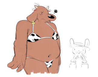 accessory animal_print annoyed anthro big_nose bikini blush bodily_fluids brown_body brown_fur bucket clothing container cow_print duo ear_piercing ear_tag fake_cow_ears fake_cow_horns fake_ears fake_horns fur hat headgear headwear holding_bucket holding_container holding_object long_ears male male/male navel overalls overweight overweight_male piercing sharp_teeth smile standing sweat swimwear teeth two-piece_swimsuit vestigialbones sam_and_max max_(sam_and_max) samuel_dog canid canine canis domestic_dog lagomorph leporid mammal rabbit hi_res