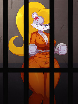 5_fingers angry anthro big_breasts blonde_hair blue_eyes bound breasts chain chained cleavage clothed clothing cross-popping_vein cuff_(restraint) dungeon female fingers fully_clothed fur grey_body grey_fur hair half-closed_eyes handcuffed handcuffs jumpsuit long_hair looking_at_viewer metal_cuffs narrowed_eyes orange_jumpsuit prison prison_uniform prisoner restrained restraints shackles solo standing submissive submissive_female thick_thighs tight_clothing wide_hips sssonic2 conker's_bad_fur_day rareware berri chipmunk ground_squirrel mammal rodent sciurid hi_res