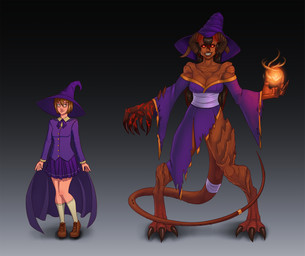 accessory black_hair blonde_hair bottomwear breasts cape claws clothing corruption dress female furgonomics gradient_background grin growth hair hat headgear headwear horn human_to_humanoid jewelry legwear long_hair looking_at_viewer magic magic_user not_furry ring shirt short_hair simple_background skirt smile solo species_transformation standing stockings tail tail_accessory tail_jewelry tail_ring topwear torn_clothing transformation transformation_sequence witch witch_hat dangercat demon human humanoid mammal 2018 hi_res sequence