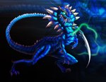 ambiguous_gender blue_body blue_scales claws fangs feral finger_claws glowing glowing_eyes green_eyes magic scales solo spikes tail teeth toe_claws busasami atari primal_rage vertigo_(primal_rage) scalie blue_theme cool_colors hi_res shaded