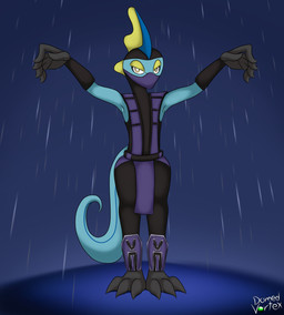 3_toes ambiguous_gender anthro barefoot blue_background blue_body cosplay covered_mouth crossover_cosplay feet looking_at_viewer narrowed_eyes outside pose raining raised_arms simple_background solo standing tail text toes yellow_body yellow_eyes domedvortex mortal_kombat nintendo pokemon rain_(mortal_kombat) generation_8_pokemon inteleon pokemon_(species) artist_name crossover hi_res male_(lore)