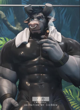 2_horns abs anthro arm_scar beard biceps black_bottomwear black_clothing black_shirt black_shorts black_topwear blue_hair blue_sclera bottomwear broken_horn bulge cigar cigar_smoke claws clothing coffee_cup container cup detailed_bulge duo eyebrow_scar eyebrow_slit eyebrows facial_hair facial_piercing facial_scar forehead_scar forest fur grey_body grey_fur hair holding_cigar holding_coffee_cup holding_container holding_cup holding_object horn logo looking_down male multicolored_body multicolored_fur muscular muscular_anthro muscular_arms muscular_male muscular_thighs navel nose_piercing nose_ring open_mouth piercing plant ring_piercing scar septum_piercing septum_ring shirt shorts smoke snout snout_scar solo tight_bottomwear tight_clothing tight_shirt tight_shorts tight_topwear topwear tree twitter_handle vein veiny_muscles icebrew takahirosi morton_(takahirosi) bovid bovine cattle mammal 2025 2026 2d_animation animated artist_logo no_sound short_playtime video