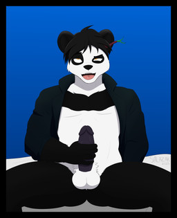 anthro balls biped black_border blue_background border bottomless clothed clothing ear_penetration erection forced forced_masturbation front_view genitals holding_own_penis holding_penis male masturbation mind_control open_clothing open_topwear parasite penetration penis simple_background sitting solo spread_legs spreading topwear thesalazar dax_(blackjackaught) arthropod bear giant_panda insect mammal 2025 digital_media_(artwork) hi_res portrait three-quarter_portrait