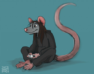 anthro barefoot biped black_bottomwear black_clothing black_eyebrows black_hoodie black_pants black_topwear blue_background bottomwear brown_eyes brown_hair clothing controller eyebrows feet fur glistening glistening_eyes grey_body grey_fur hair holding_controller holding_object hoodie long_hair male pants pink_ears pink_inner_ear pink_nose pink_tail shadow simple_background sitting smile solo tail teeth topwear yookie mammal murid murine rat rodent 2015 dated signature