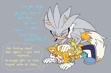 2_tails age_difference anal anal_penetration anthro bodily_fluids chest_tuft clothing cum cum_inside dialogue duo eyes_closed fish_hooking footwear genital_fluids genitals gloves good_boy grey_background hair hair_grab handwear male male/male male_penetrated male_penetrating male_penetrating_male multi_tail penetration penile penile_penetration penis penis_in_ass pinned pinned_to_ground rough_sex saliva sex shoes simple_background sweat tail tears thinking_about_another touching_hair tuft young younger_penetrated pachi_rizuu sega sonic_the_hedgehog_(series) silver_the_hedgehog skye_prower canid canine eulipotyphlan fox hedgehog mammal digital_drawing_(artwork) digital_media_(artwork)