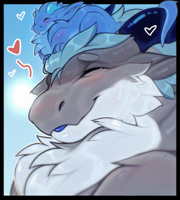 anthro blep blush chest_tuft duo eyes_closed feral fur horn loaf size_difference smile tongue tongue_out tuft ivnis mythology vaccino dragon furred_dragon furred_scalie mythological_creature mythological_scalie scalie hi_res