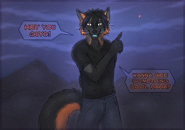 andromorph anthro black_body black_clothing black_fur black_shirt black_topwear blue_bottomwear blue_clothing blue_jeans blue_mouth blue_pants bottomwear clothed clothing denim denim_bottomwear denim_clothing dialogue fur gesture hand_gesture intersex jeans pants pointing shirt sky solo tail topwear shadarrius aronai canid canine cross_fox fox mammal red_fox true_fox colored digital_drawing_(artwork) digital_media_(artwork) hi_res