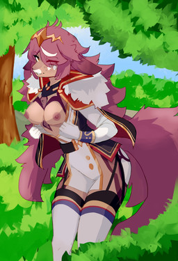 anthro big_tail breasts brown_body brown_fur capelet clothed clothing coat detailed_background exposed_breasts female flashing fluffy fluffy_tail forest forest_background fur garter_belt garter_straps gloves hair hair_over_eye handwear headgear headwear highlights_(coloring) legwear long_hair long_sleeve_shirt long_tail looking_at_viewer markings mole_(marking) nature nature_background nipples open_clothing open_shirt open_topwear plant purple_hair shirt smile snout solo stockings tail topwear tree white_highlights yellow_eyes sparxel unnamed_character ambiguous_species canid canine mammal absurd_res digital_drawing_(artwork) digital_media_(artwork) hi_res