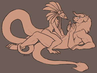 4_arms angry anthro arm_support breasts brown_background claws clothed clothing cowgirl_position curved_horn dominant duo eye_contact female female_on_top forked_tongue frill_(anatomy) from_front_position fur grey_background headdress horn interspecies larger_sub looking_at_another lying male male/female male_on_bottom membrane_(anatomy) membranous_frill multi_arm multi_limb on_back on_bottom on_lap on_top reclining sex simple_background size_difference smile straddling submissive tail tail_tuft thick_tail tongue tongue_out topless tuft royalty_(artist) felid hybrid lion mammal pantherine reptile scalie snake 2012 brown_theme digital_media_(artwork) monochrome pink_theme