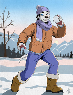 anthro depth_of_field male matko snow snowball solo sunset winter ashbearfox_(artist) canid canine canis dalmatian domestic_dog mammal hi_res
