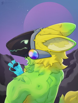 anthro blue_body blue_hand blue_hands claws fingers fluffy fluffy_ears fur gesture green_body green_ears green_fur green_tail hand_gesture machine male protogen_face protogen_visor screen screen_face simple_background smile solo tail v_sign yellow_body yellow_ears yellow_fur yellow_tail conditional_dnp teremunart retiu_(retiu) protogen absurd_res hi_res nonbinary_(lore)