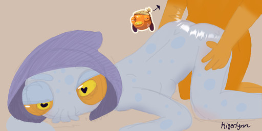 anthro blush duo female from_behind_position hand_on_hip heart_eyes heart_symbol humanoid_mollusk kneeling lying male male/female on_front orange_body orange_sclera sex speckled_body tentacle_limbs tentacle_mouth tentacles white_body yellow_eyes kigerlynn epic_games fortnite fishstick_(fortnite) squibbly_(fortnite) animal_humanoid aquatic aquatic_humanoid cephalopod cephalopod_humanoid coleoid cyprinid cypriniform decapodiform fish goldfish humanoid mollusk mollusk_humanoid squid squid_humanoid 2:1 digital_media_(artwork) hi_res